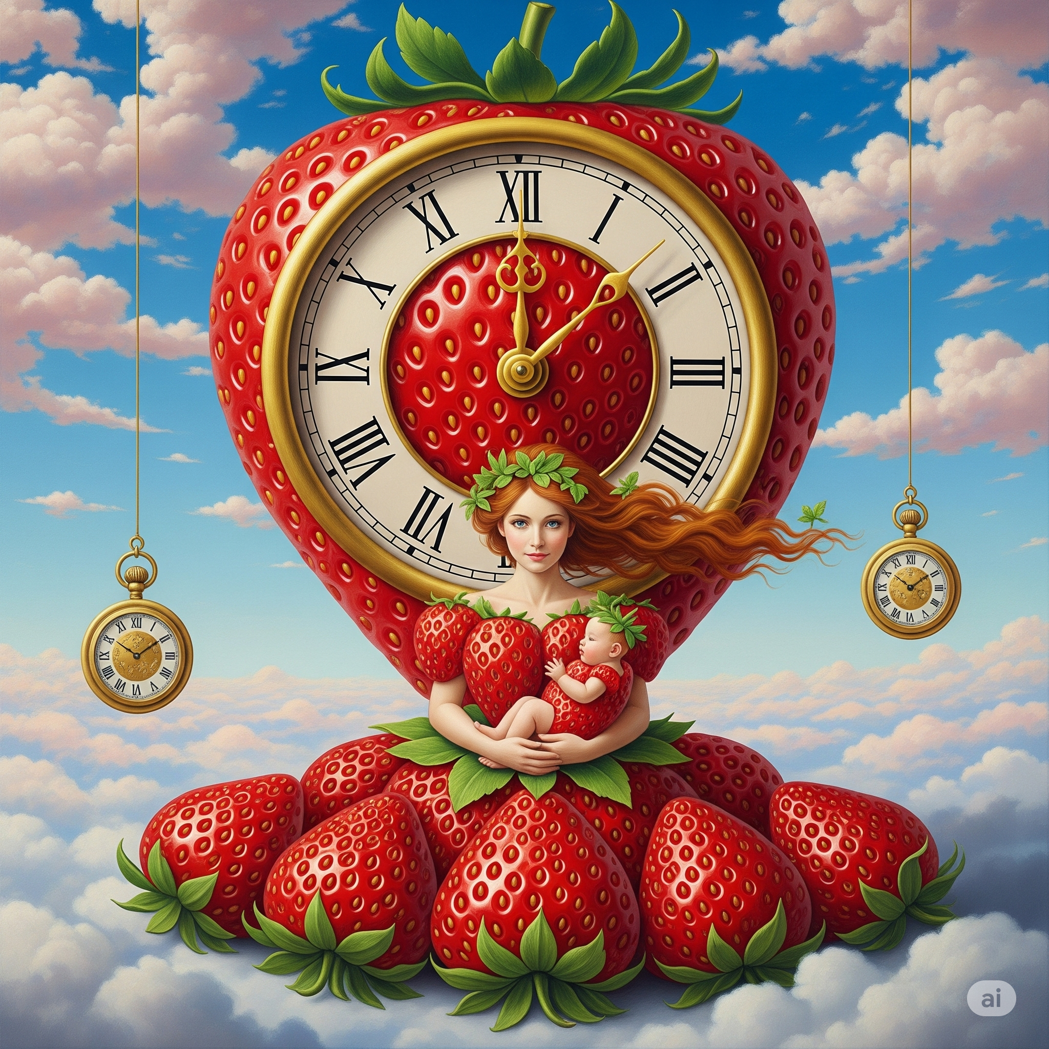 Strawberry Fields Forever in einer Erdbeeruhr mit einer Erdbeerfrau davor als Symbol für den 90-Tage-Takt der Innovation und den Rhythmus des reichhaltigen Wachstums.